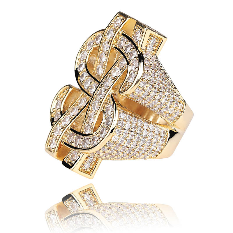 18K golden plated Men Dollar Rings Ice out bling bling rhinestone fashion hip hop hollow dollar ring for nightclub dollar men rings jewelry/jewellerylery