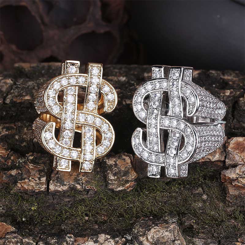 18K golden plated Men Dollar Rings Ice out bling bling rhinestone fashion hip hop hollow dollar ring for nightclub dollar men rings jewelry/jewellerylery