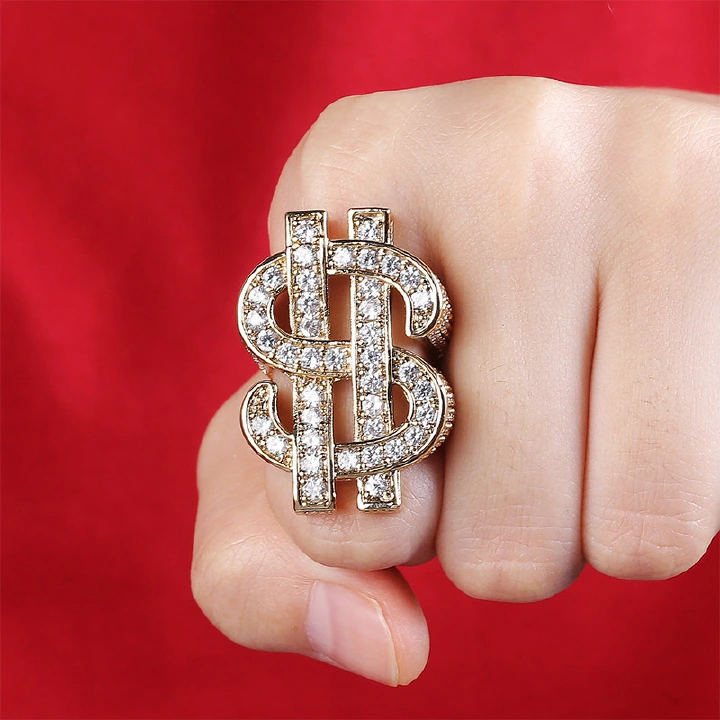 18K golden plated Men Dollar Rings Ice out bling bling rhinestone fashion hip hop hollow dollar ring for nightclub dollar men rings jewelry/jewellerylery