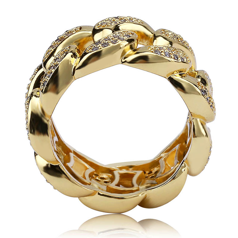 18K golden plated Men rings hip hop iced out bling bling ring cuban chain design ring for men cubic zirconia ice rings for men women wedding engagement ring fashion personality jewelry for nightclub
