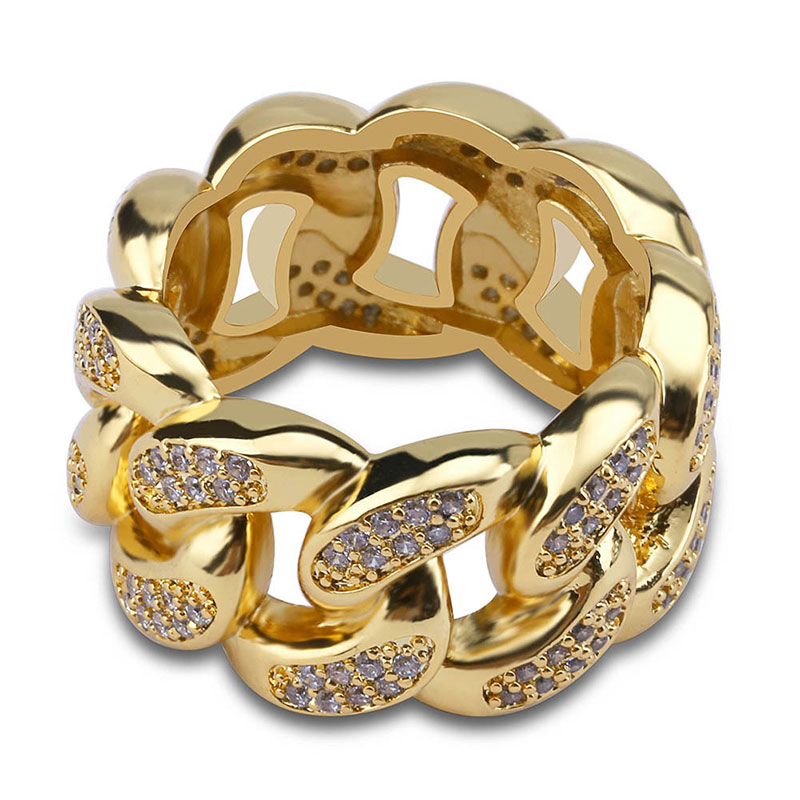 18K golden plated Men rings hip hop iced out bling bling ring cuban chain design ring for men cubic zirconia ice rings for men women wedding engagement ring fashion personality jewelry for nightclub