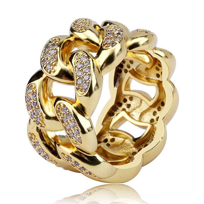 18K golden plated Men rings hip hop iced out bling bling ring cuban chain design ring for men cubic zirconia ice rings for men women wedding engagement ring fashion personality jewelry for nightclub