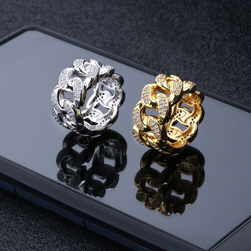 18K golden plated Men rings hip hop iced out bling bling ring cuban chain design ring for men cubic zirconia ice rings for men women wedding engagement ring fashion personality jewelry for nightclub