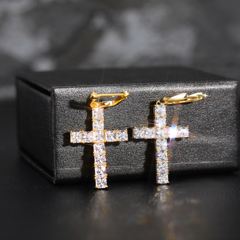 1 pair of iced Cross earrings jewelry men/women/female Iced diamond dangle earrings for women/men earrings jewellery set fashion accessories for men/women