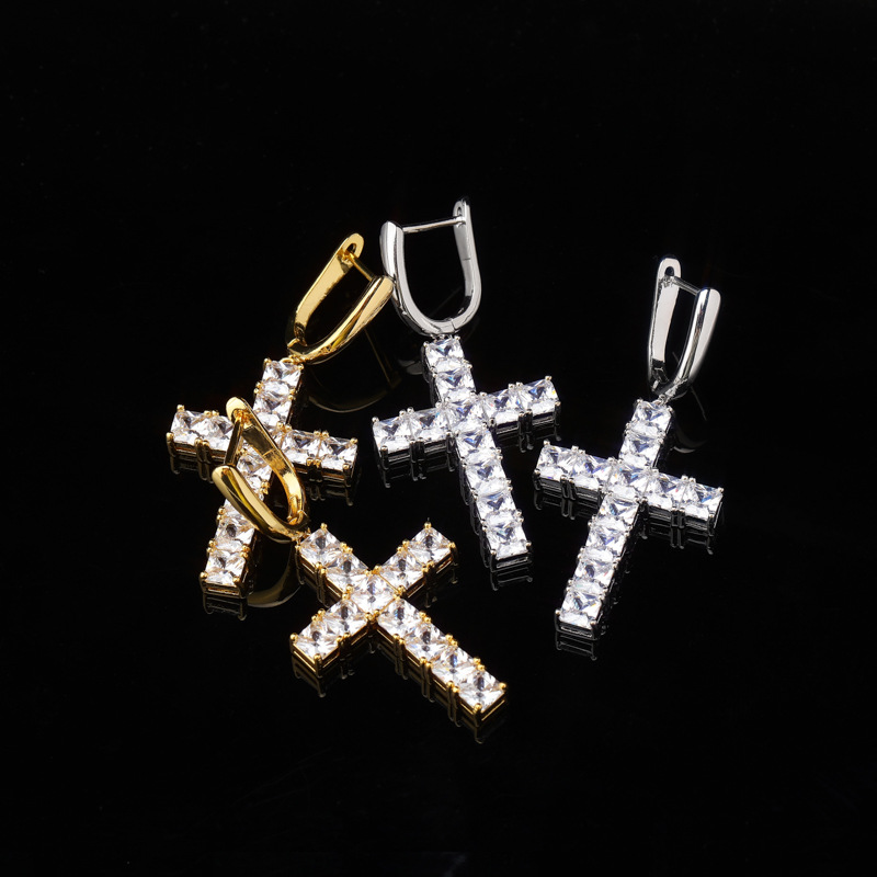 1 pair of iced Cross earrings jewelry men/women/female Iced diamond dangle earrings for women/men earrings jewellery set fashion accessories for men/women