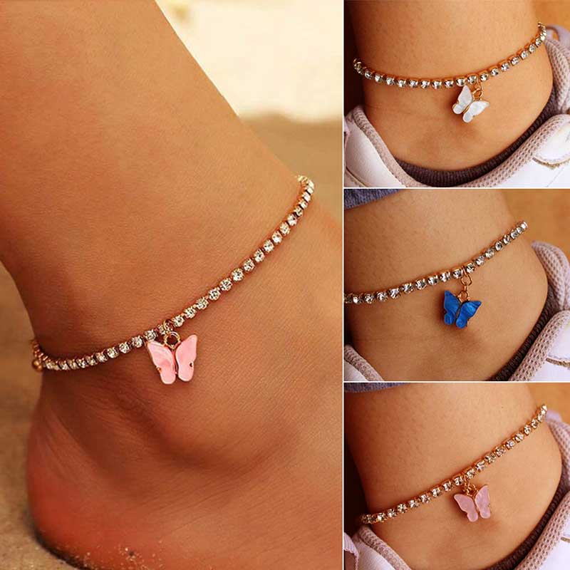 Babituo anklet jewellery alloy rhinestone/crystal butterfly pendant foot chain for women girl gift