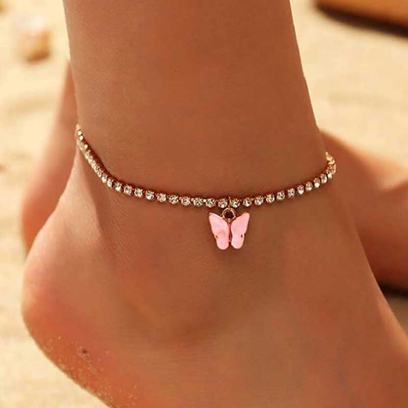 Babituo anklet jewellery alloy rhinestone/crystal butterfly pendant foot chain for women girl gift