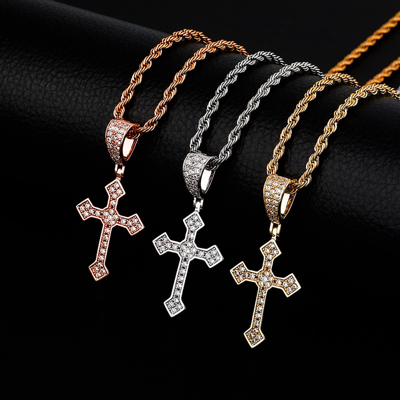 hip hop cross necklace fashion iced out bling rhinestone & dimond pendant with 14k golden plated for men & women with 24 inch rope chain/necklaces men jewelry