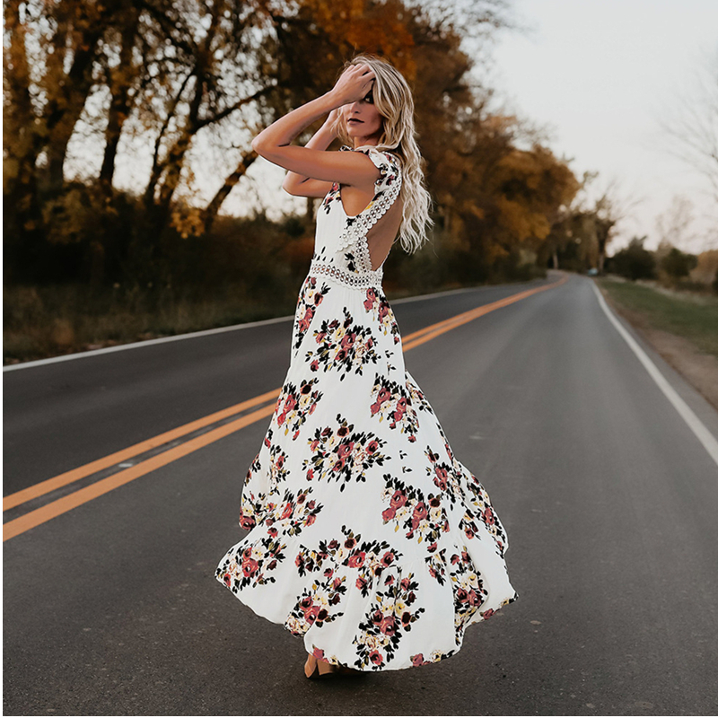 Spring new irregular swallowtail dress hollow backless sweet print dress