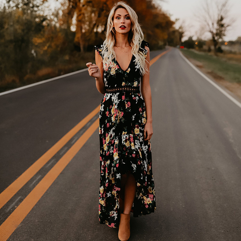 Spring new irregular swallowtail dress hollow backless sweet print dress