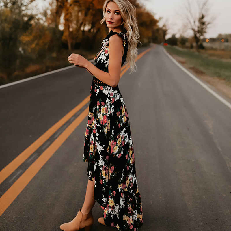 Spring new irregular swallowtail dress hollow backless sweet print dress