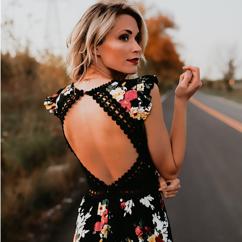 Spring new irregular swallowtail dress hollow backless sweet print dress