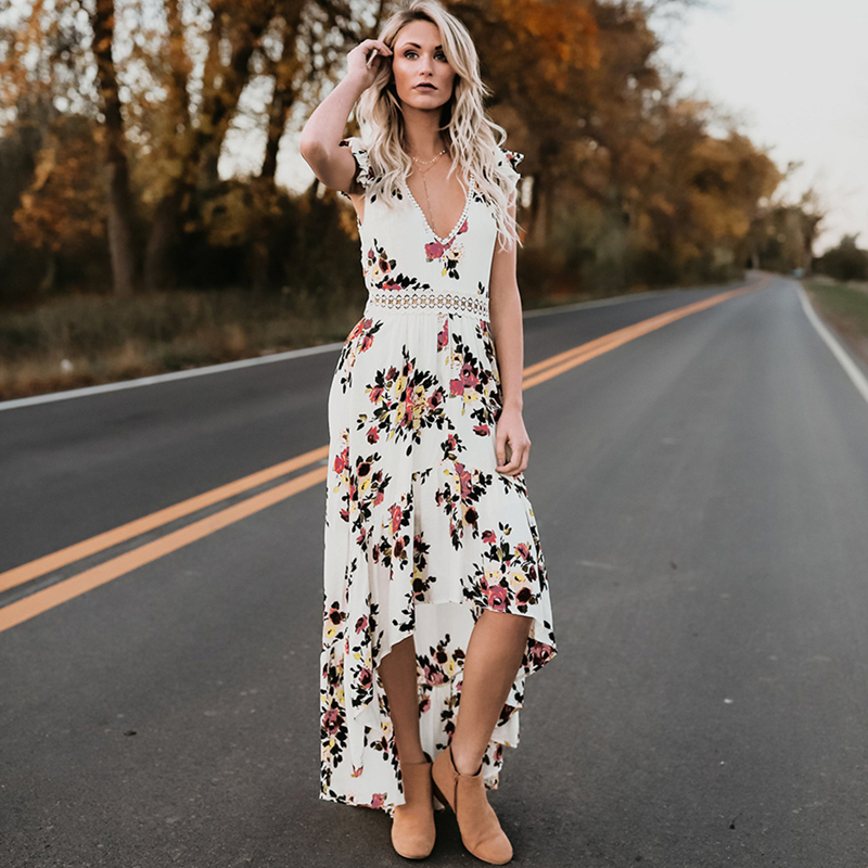 Spring new irregular swallowtail dress hollow backless sweet print dress