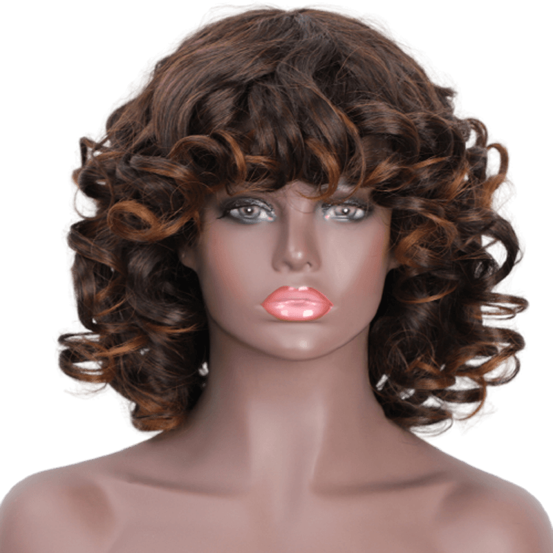 Short Curly Afro Wig with Bangs Dark Brown Black Hair Synthetic Wigs for Women Daily Party Wigs