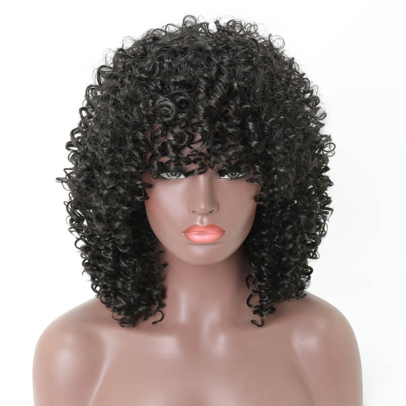 Synthetic Full Wig Afro Kinky Curly Wigs for Women Mixed Brown Black Short Wig with Bangs