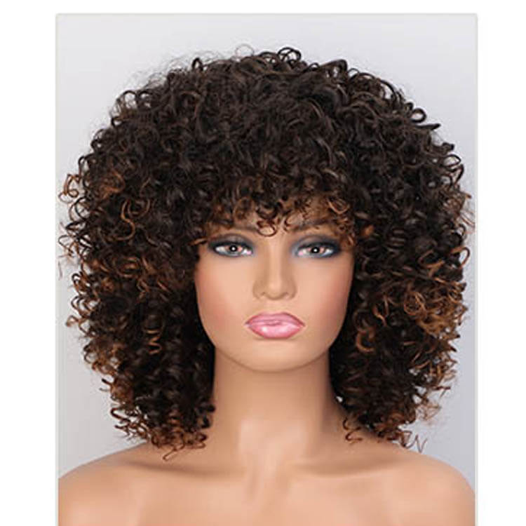 Synthetic Full Wig Afro Kinky Curly Wigs for Women Mixed Brown Black Short Wig with Bangs