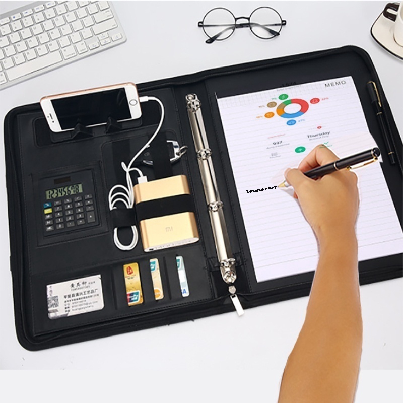 A4 Conference File Folder Soft Leather Portfolio Organizer with Calculator Pen Smartphone Holder Travel Daily Plan