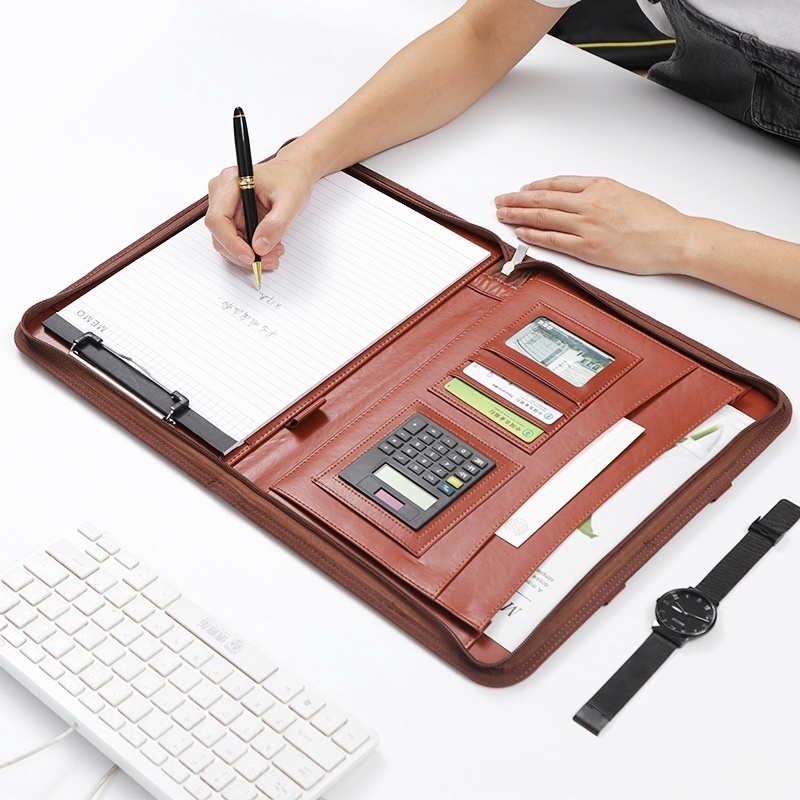 A4 Conference File Folder Soft Leather Portfolio Organizer with Calculator Pen Smartphone Holder Travel Daily Plan