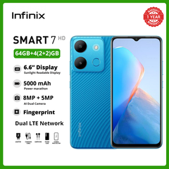 [Today Only] Infinix Smart 7 HD 64GB Storage 4(2+2)GB RAM 5000mAh Battery Dual SIM Card LTE Network 6.6'' Big HD+ Fingerprint & Face Safety Unlock  Smart Phones SILK BLUE 64GB+4(2+2)GB