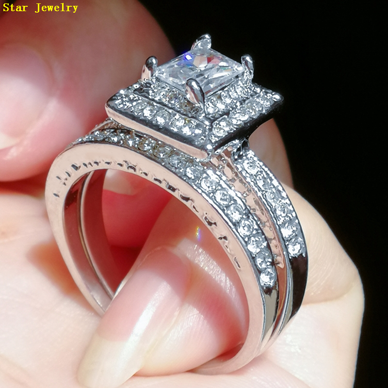 Women Fashion Zircon Ring 2Pcs New Zinc Alloy Wedding Ring Valentine Day Gift