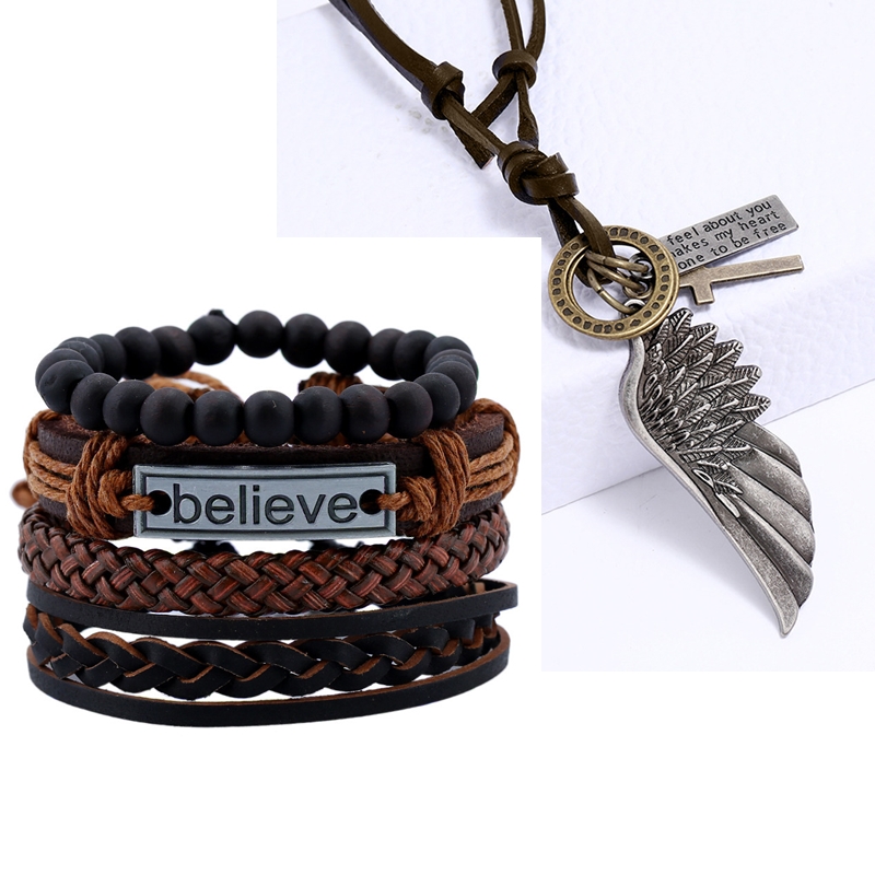 Men  Women Fashion Handmade Cowhide Suit Bracelet 4 Pcs /Angel Wing Necklace