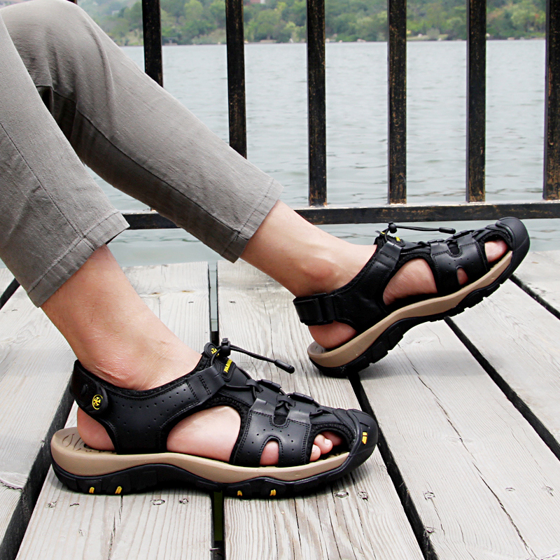 SocNoDn Men Casual Luxury Fashion Genuine Leather Sandals Climbing Hiking Shoes Sandals Durable