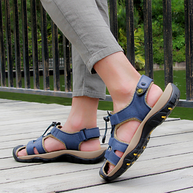 SocNoDn Men Casual Luxury Fashion Genuine Leather Sandals Climbing Hiking Shoes Sandals Durable