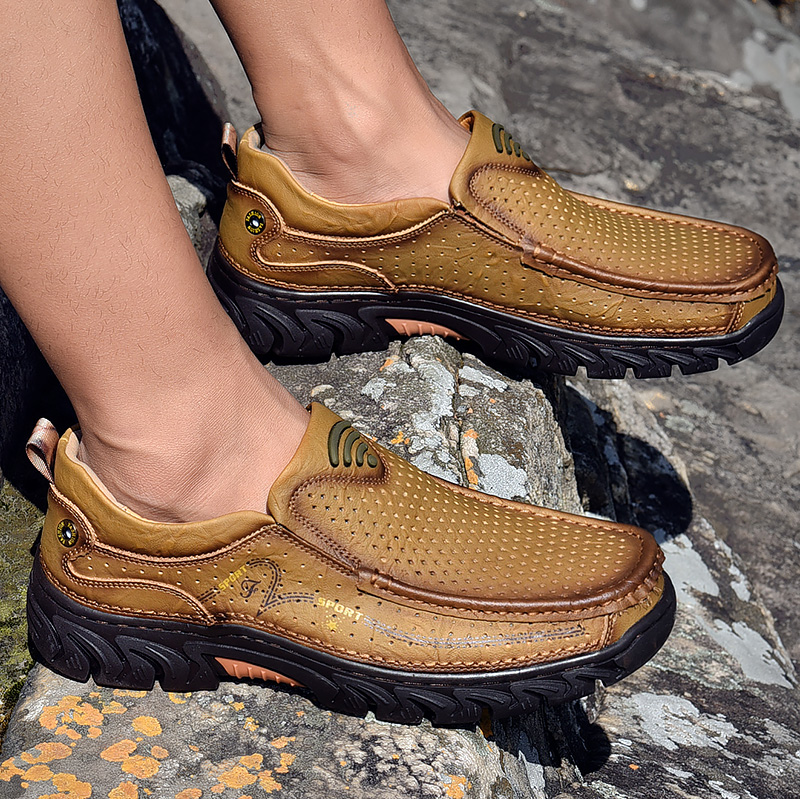 SocNoDn Luxury Men&apos;s Fashion Hollow Genuine Leather Shoes Loafers Men Casual Hiking Sneakers Boots