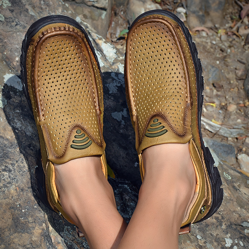 SocNoDn Luxury Men&apos;s Fashion Hollow Genuine Leather Shoes Loafers Men Casual Hiking Sneakers Boots