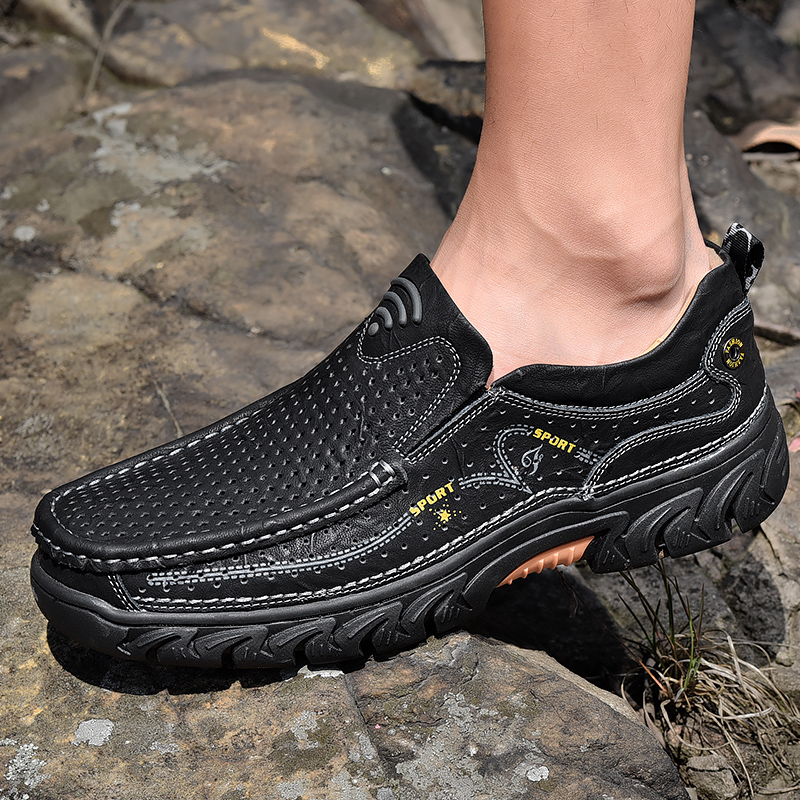 SocNoDn Luxury Men&apos;s Fashion Hollow Genuine Leather Shoes Loafers Men Casual Hiking Sneakers Boots