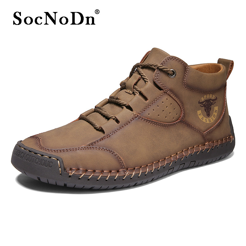 SocNoDn Men's Fashion Casual Quality-Leather Ankle Boots Men Climbing Hiking High-top Sneakers Shoes