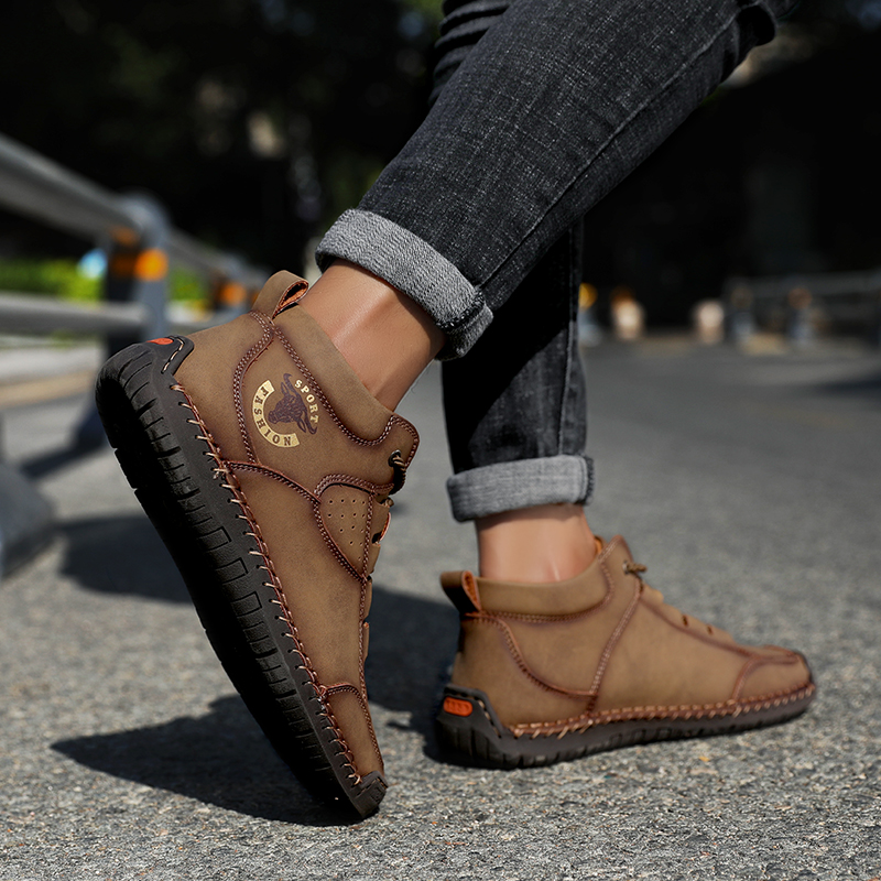 SocNoDn Men's Fashion Casual Quality-Leather Ankle Boots Men Climbing Hiking High-top Sneakers Shoes