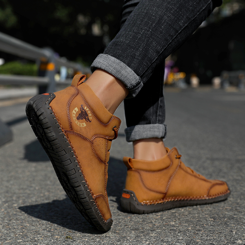 SocNoDn Men's Fashion Casual Quality-Leather Ankle Boots Men Climbing Hiking High-top Sneakers Shoes