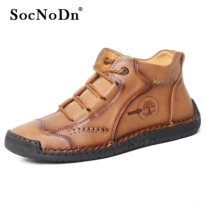 SocNoDn Men's Fashion Casual Quality-Leather Ankle Boots Men Climbing Hiking High-top Shoes Sneakers