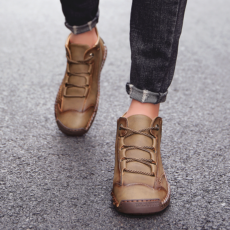 SocNoDn Men's Fashion Casual Quality-Leather Ankle Boots Men Climbing Hiking High-top Shoes Sneakers