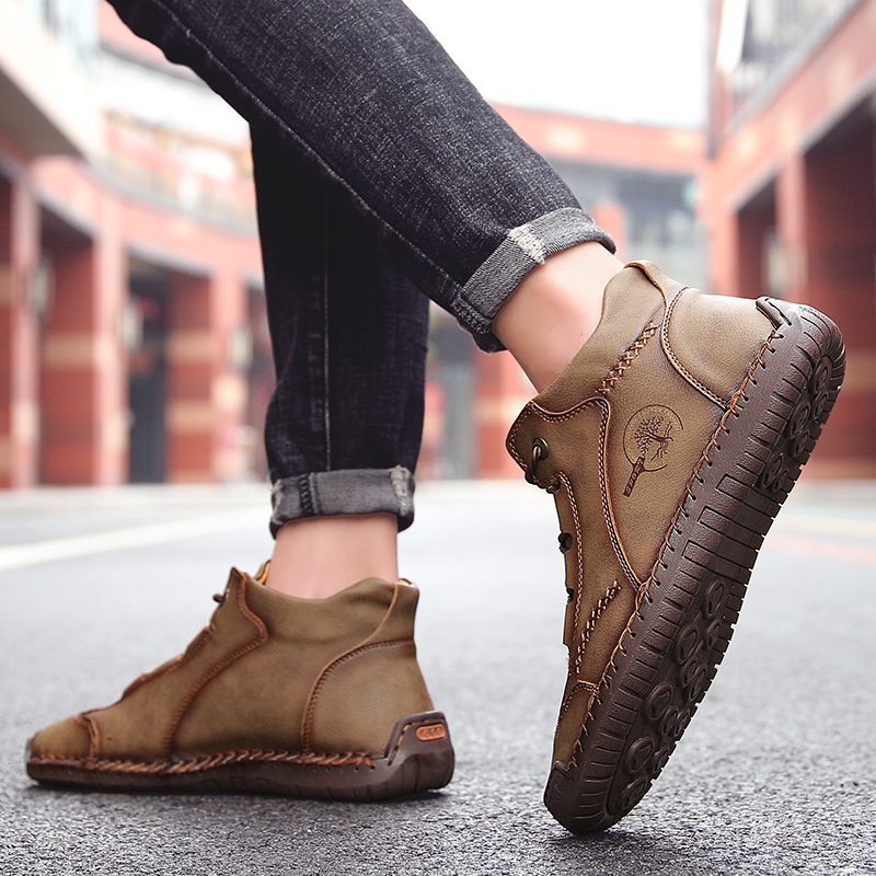 SocNoDn Men's Fashion Casual Quality-Leather Ankle Boots Men Climbing Hiking High-top Shoes Sneakers