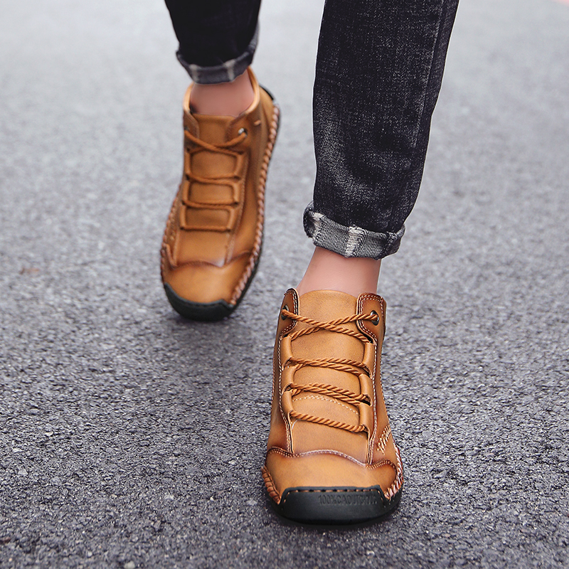 SocNoDn Men's Fashion Casual Quality-Leather Ankle Boots Men Climbing Hiking High-top Shoes Sneakers