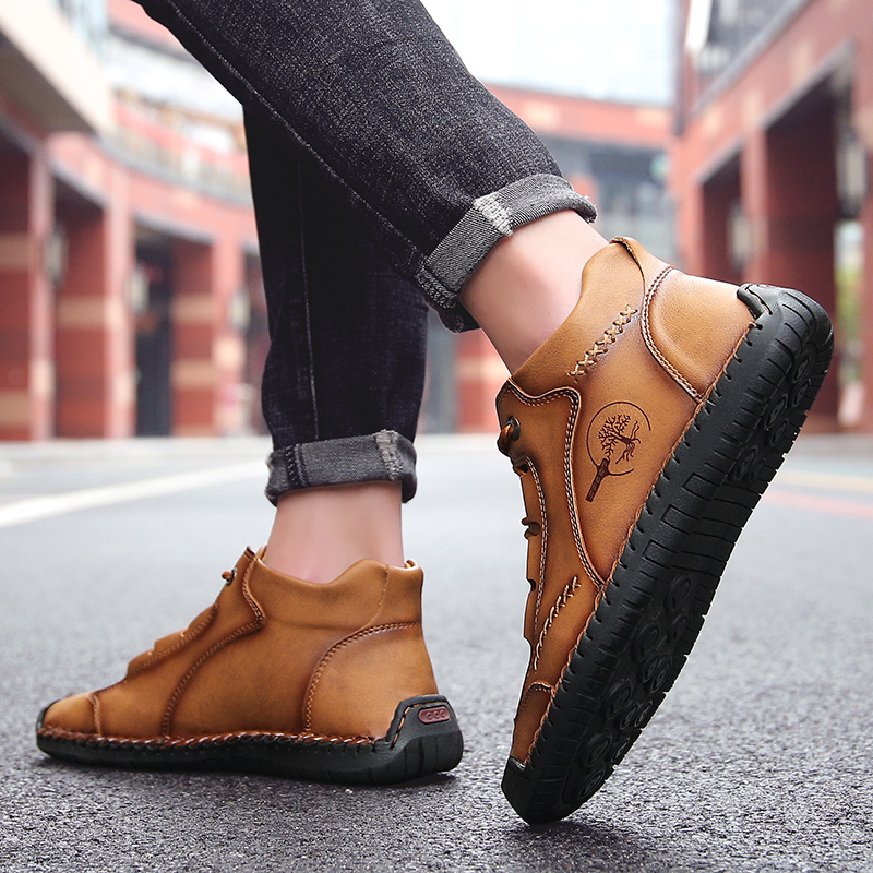SocNoDn Men's Fashion Casual Quality-Leather Ankle Boots Men Climbing Hiking High-top Shoes Sneakers