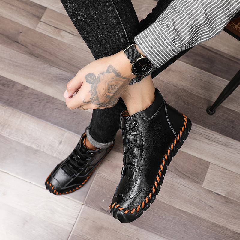 SocNoDn Men's Fashion Casual Quality-Leather Ankle Boots Men Hiking Climbing High-top Shoes Sneakers