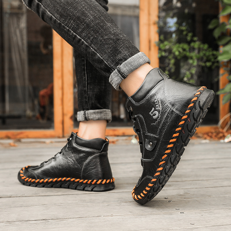 SocNoDn Men's Fashion Casual Quality-Leather Ankle Boots Men Hiking Climbing High-top Shoes Sneakers