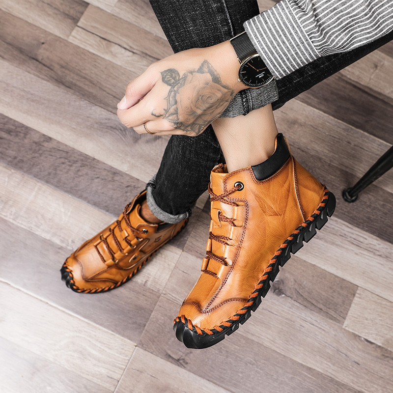 SocNoDn Men's Fashion Casual Quality-Leather Ankle Boots Men Hiking Climbing High-top Shoes Sneakers