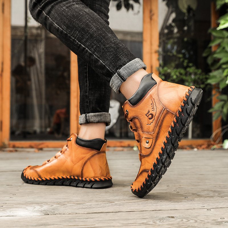 SocNoDn Men's Fashion Casual Quality-Leather Ankle Boots Men Hiking Climbing High-top Shoes Sneakers