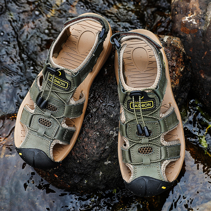 SocNoDn Men Luxury Casual Fashion Genuine Leather Sandals Hiking Shoes Slippers Sandals Durable