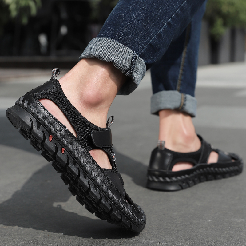 SocNoDn Men&apos;s Luxury Fashion Casual Cow-Leather Slippers Sandals Walking Hiking Shoes Slippers Soft