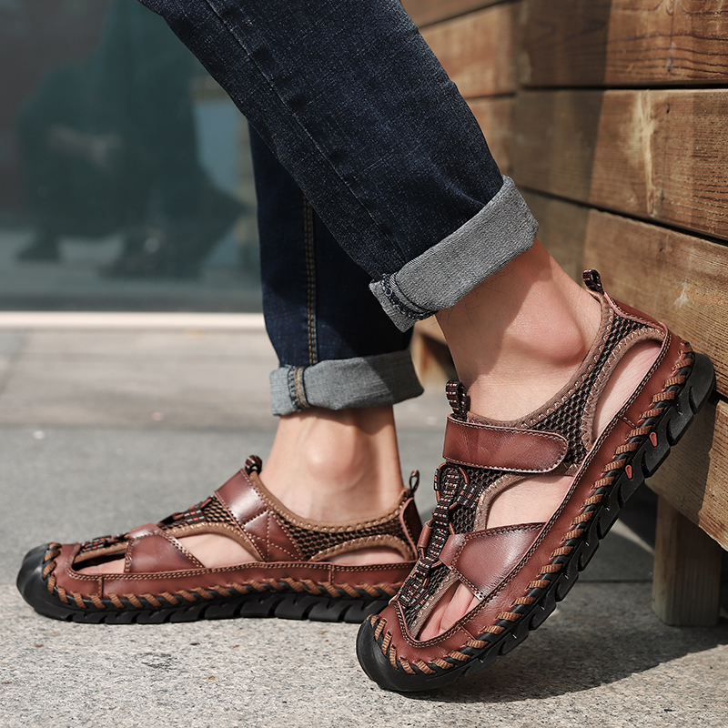 SocNoDn Men&apos;s Luxury Fashion Casual Cow-Leather Slippers Sandals Walking Hiking Shoes Slippers Soft