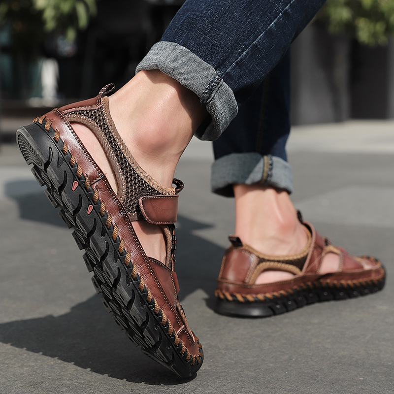 SocNoDn Men&apos;s Luxury Fashion Casual Cow-Leather Slippers Sandals Walking Hiking Shoes Slippers Soft