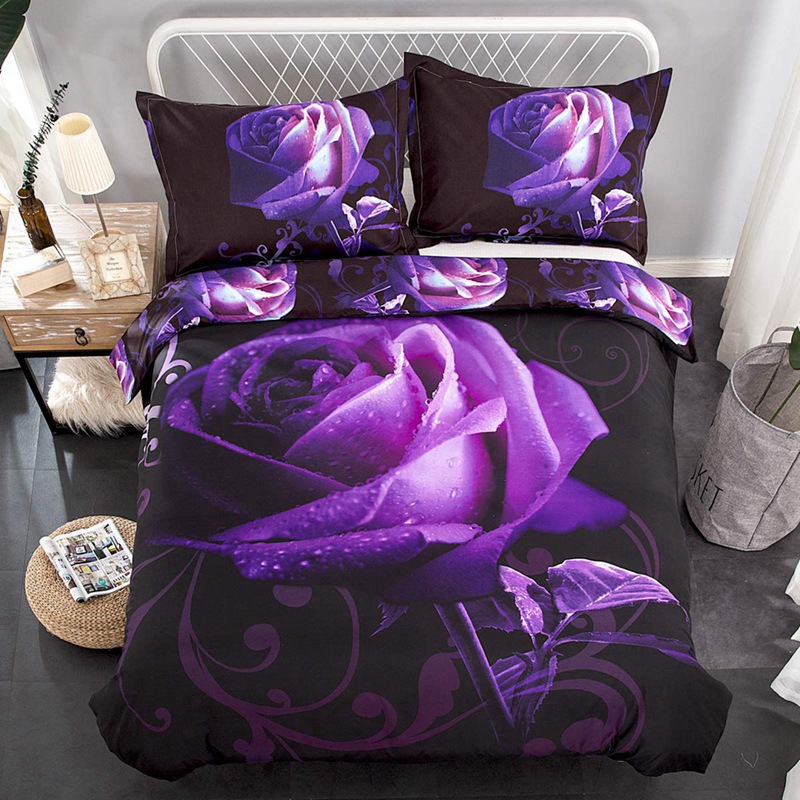 3-piece Bedding sets (1 duvet cover+2 pillowcases) elastic zipper design with 3D pattern Red rose Purple Rose Wolf tiger pattern （no duvet and no pillow）