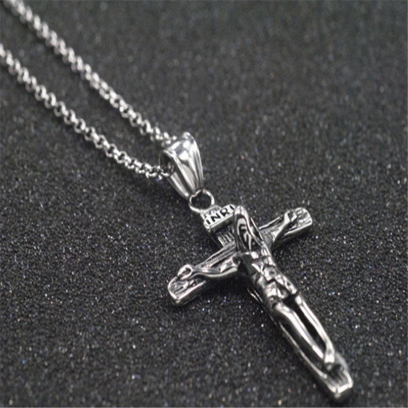 Jesus Cross Religious Element Personality Sweater Chain Titanium Steel Men's Pendant Necklace Retro Style Pendant Men and Women Same Style