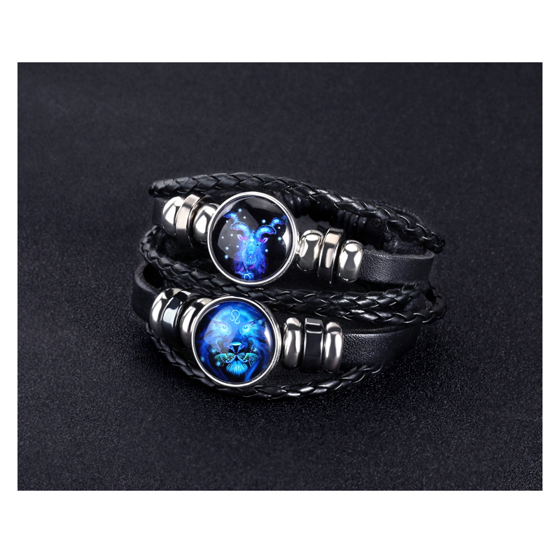 12 Constellation Men's and women's bracelet twelve constellation leather rope blue moonstone bracelet student hipster couple jewelry fashion men's models can be contracted and elongated