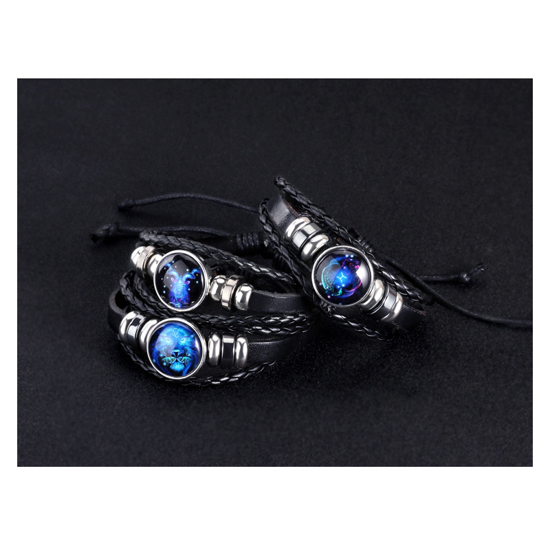 12 Constellation Men's and women's bracelet twelve constellation leather rope blue moonstone bracelet student hipster couple jewelry fashion men's models can be contracted and elongated